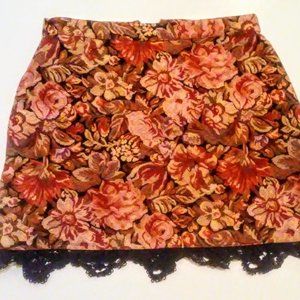 Topshop Red and Orange Tapestry Mini Skirt, Floral Pattern, Black Lace Trimming